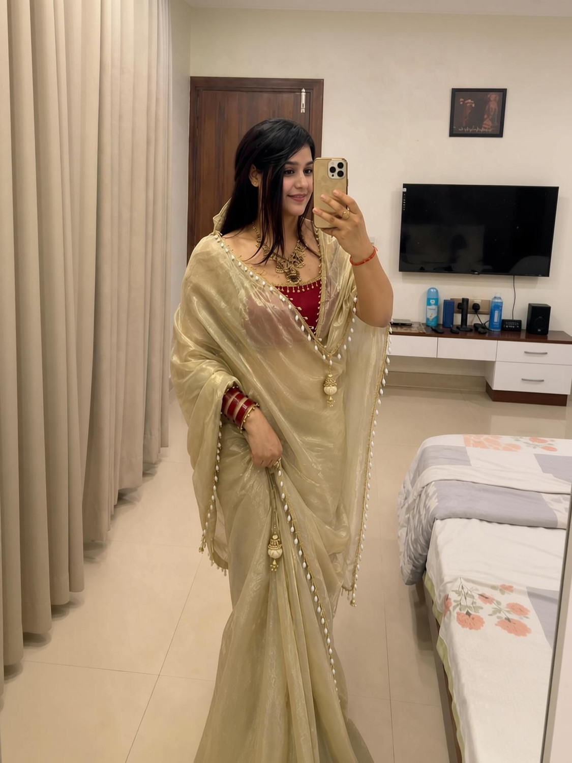 Image of QVIDYA Embroidered Bollywood Tissue, Organza Saree