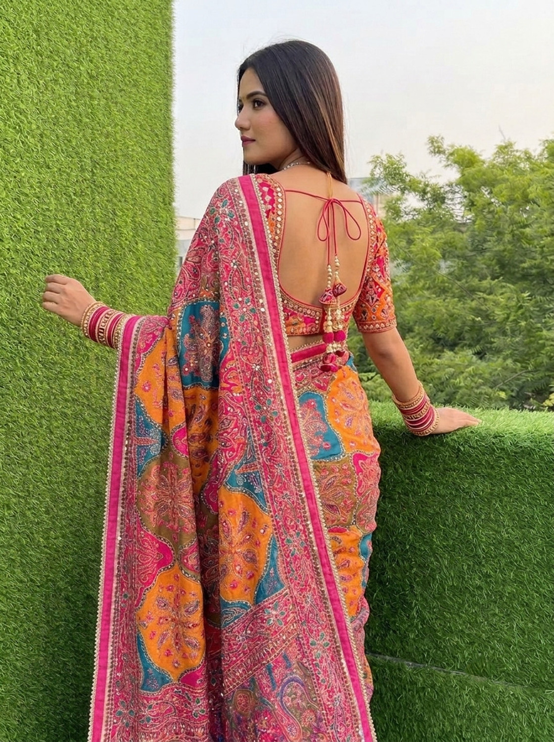 Image of SLERIX Printed Banarasi Crepe Saree (Multicolor)