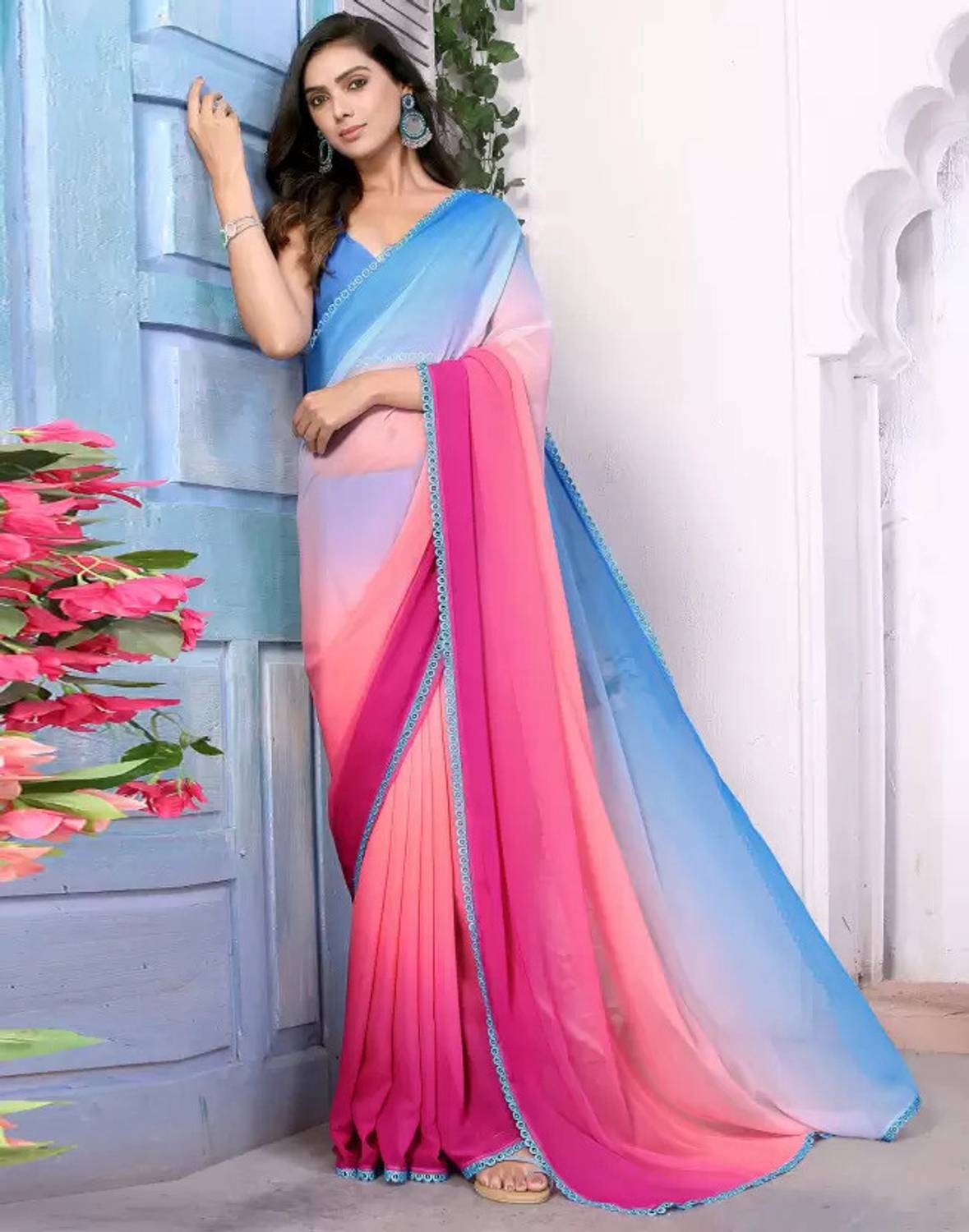VIniVidi Printed, Color Block Daily Wear Georgette Saree (Multico