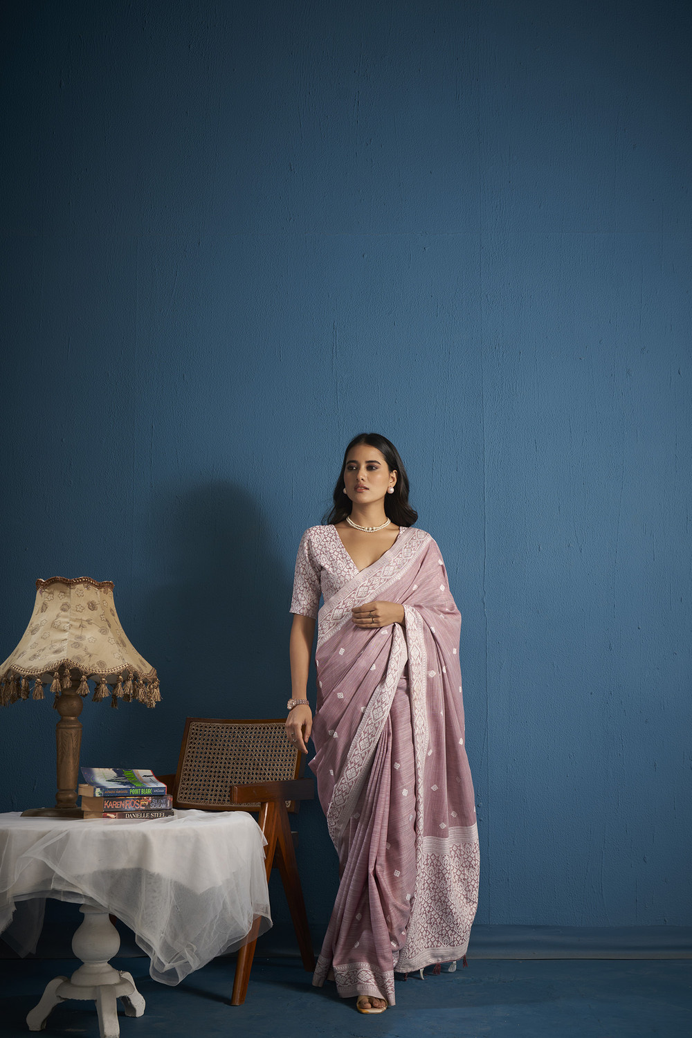 Image of Elora Woven, Self Design, Embroidered Daily Wear Linen Saree