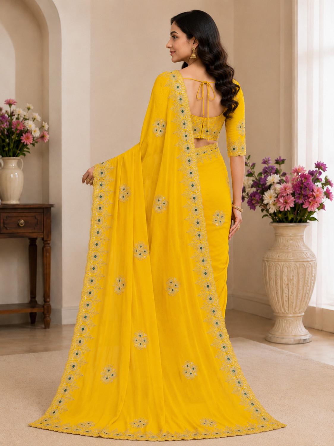 Image of VIDHI TEX Embroidered Bollywood Satin, Chiffon Saree (Yellow)