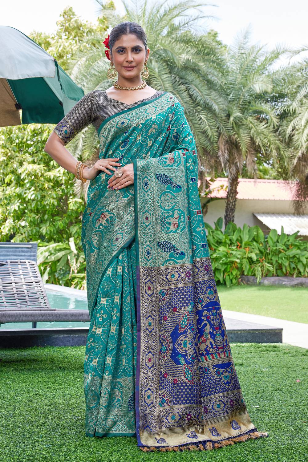 DHRUVIL TEXTILES Printed Banarasi Cotton Silk, Jacquard Saree