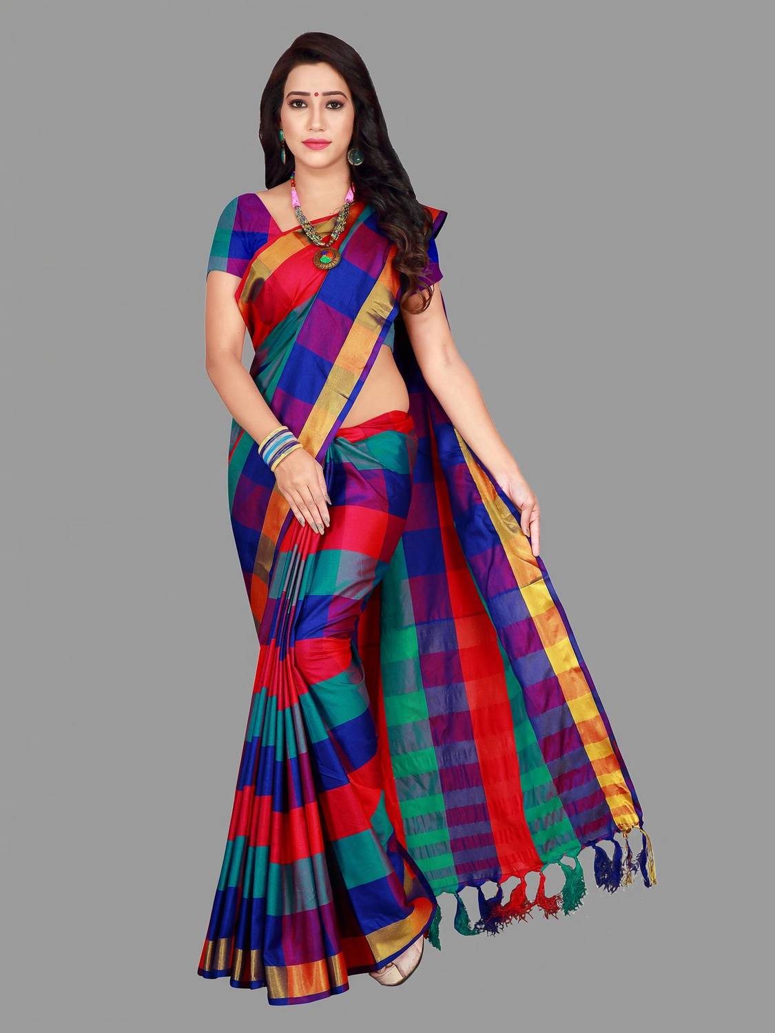 PRIYANSH CREATION चेकर्ड बॉलीवुड कॉटन ब्लेंड साड़ी - Image 1