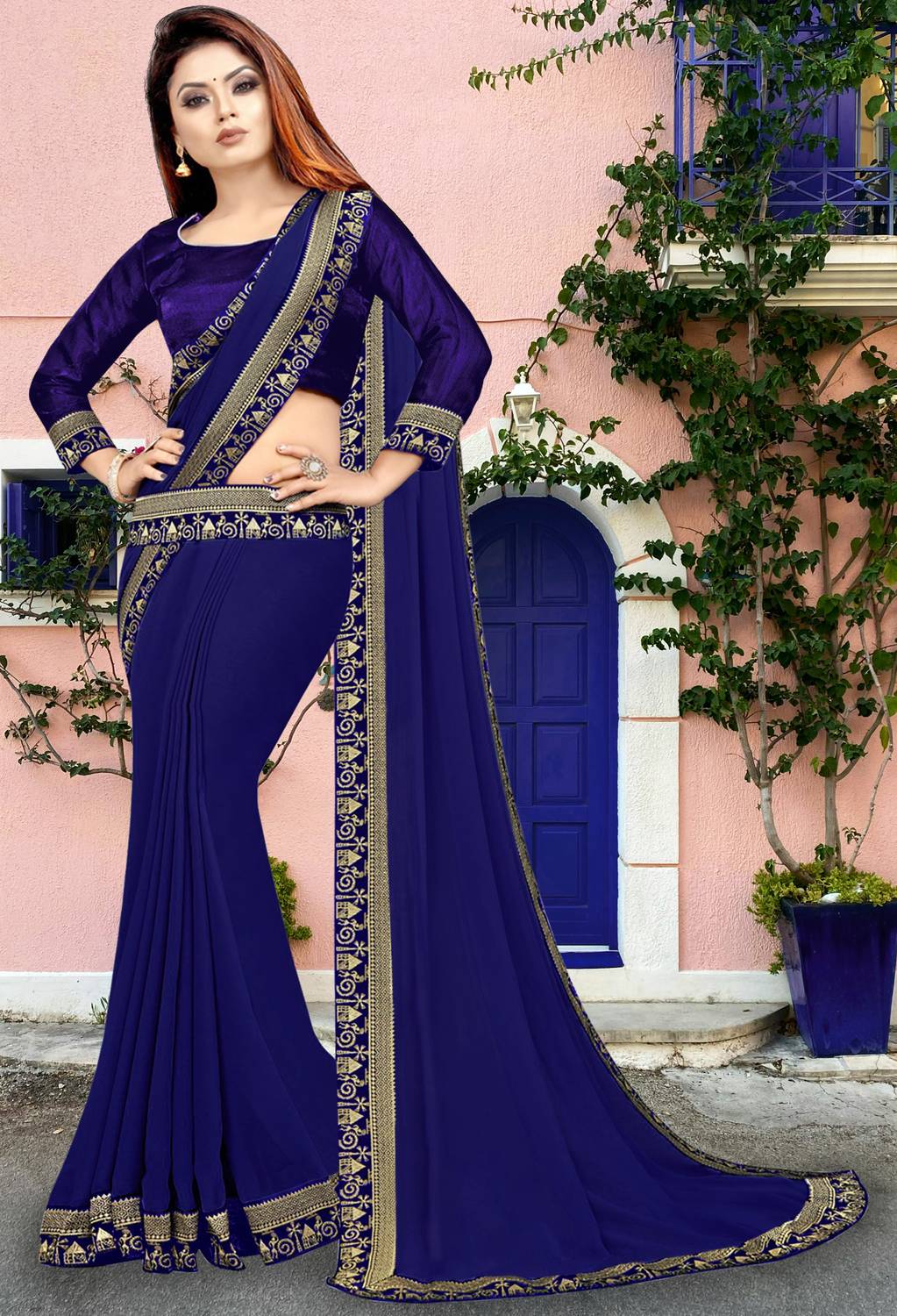HNC Retail Solid/Plain Bollywood Lycra Blend, Chiffon Saree (Blue