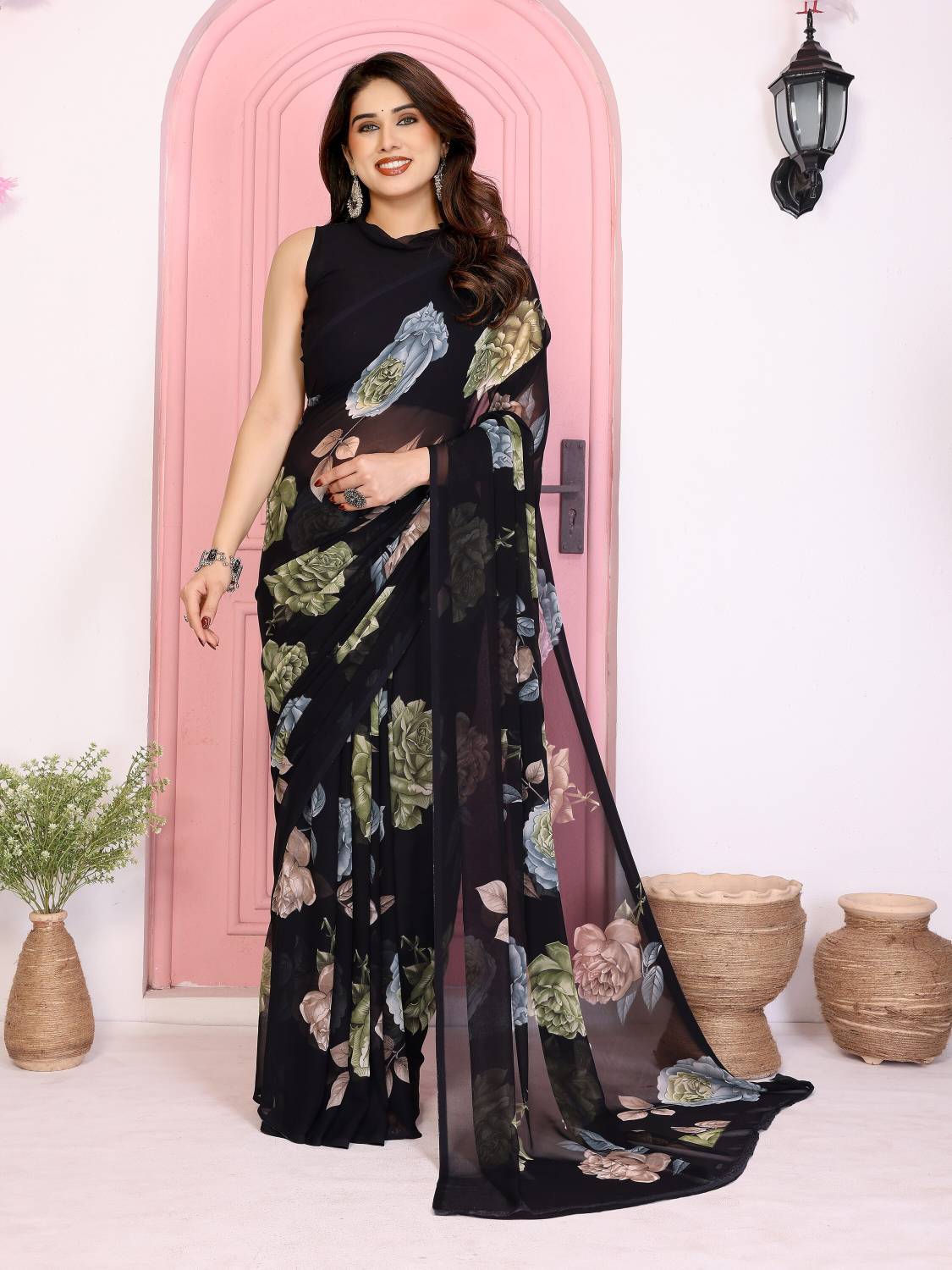 TTH Floral Print Bollywood Georgette Saree