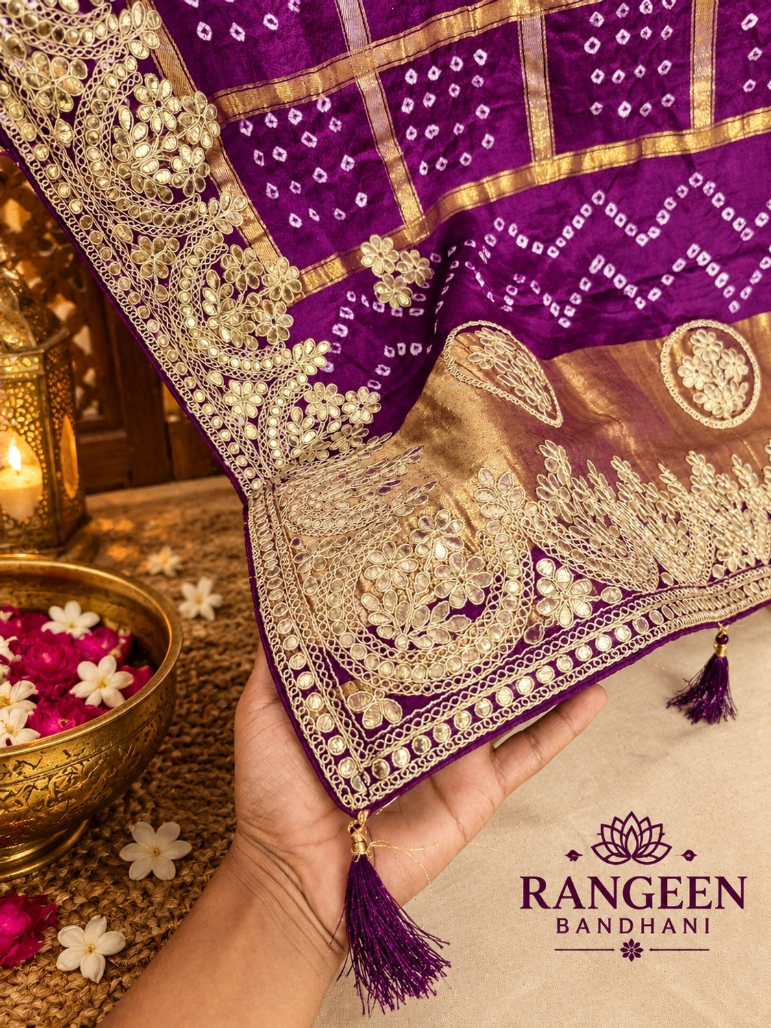 Image of RANGEEN BNADHANI Embroidered, Tie-Dye Bandhani Dupion Silk Saree (Purple)
