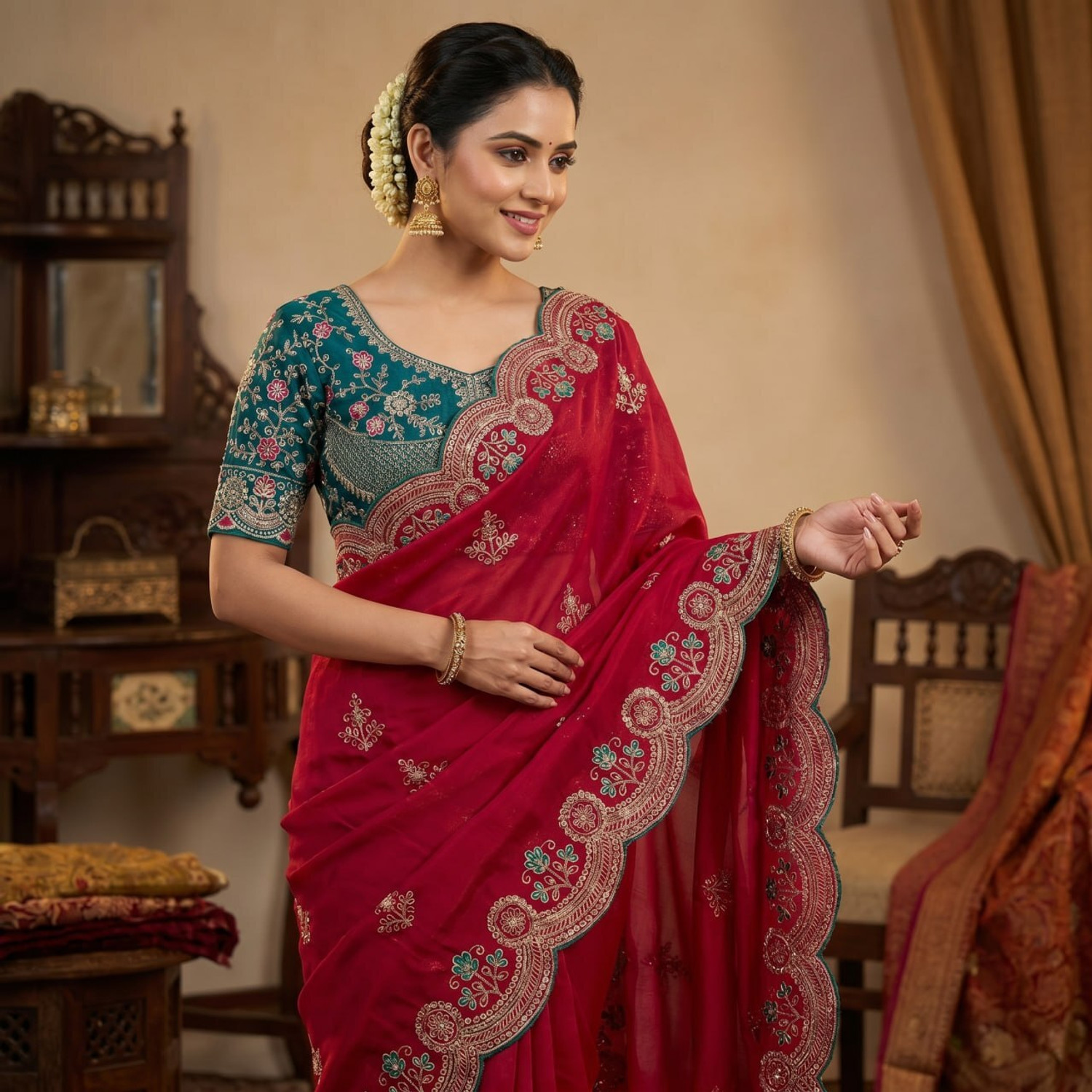 Image of Munir Clothing Embroidered Bollywood Satin Saree (Pink)