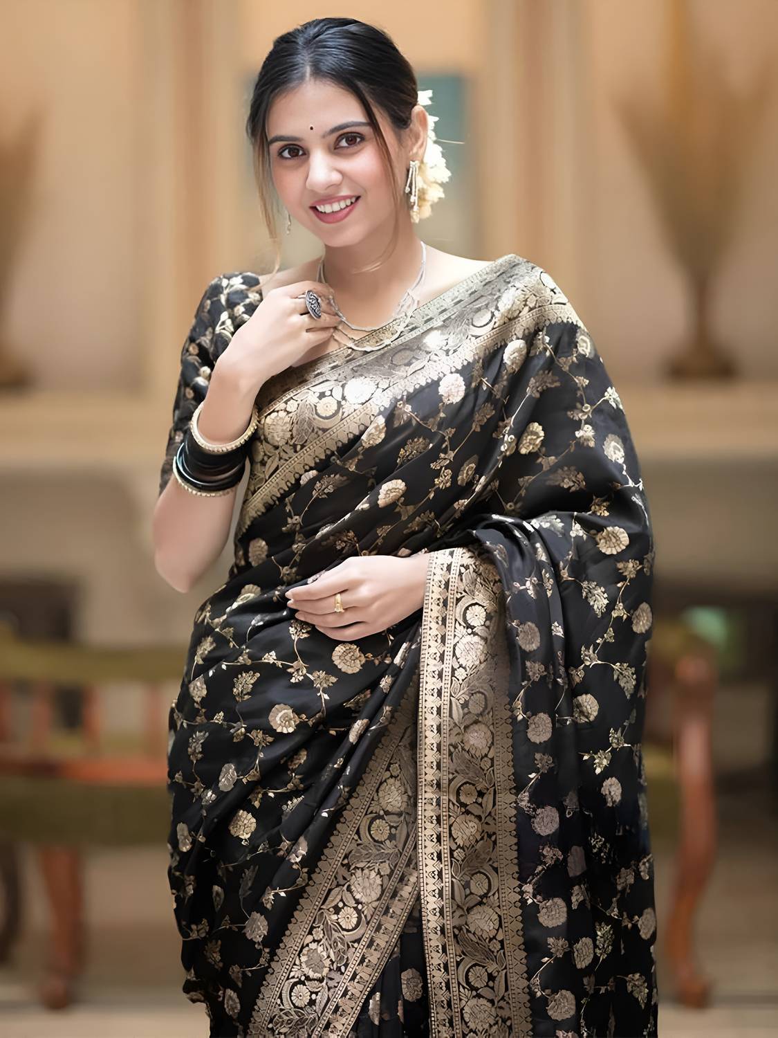 ANIRAV Woven Banarasi Cotton Silk, Jacquard Saree