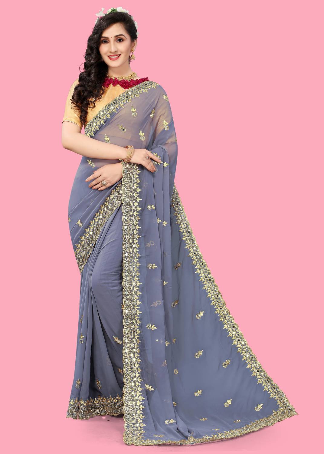 HouseOfCommon Embroidered Bollywood Georgette Saree (Grey)