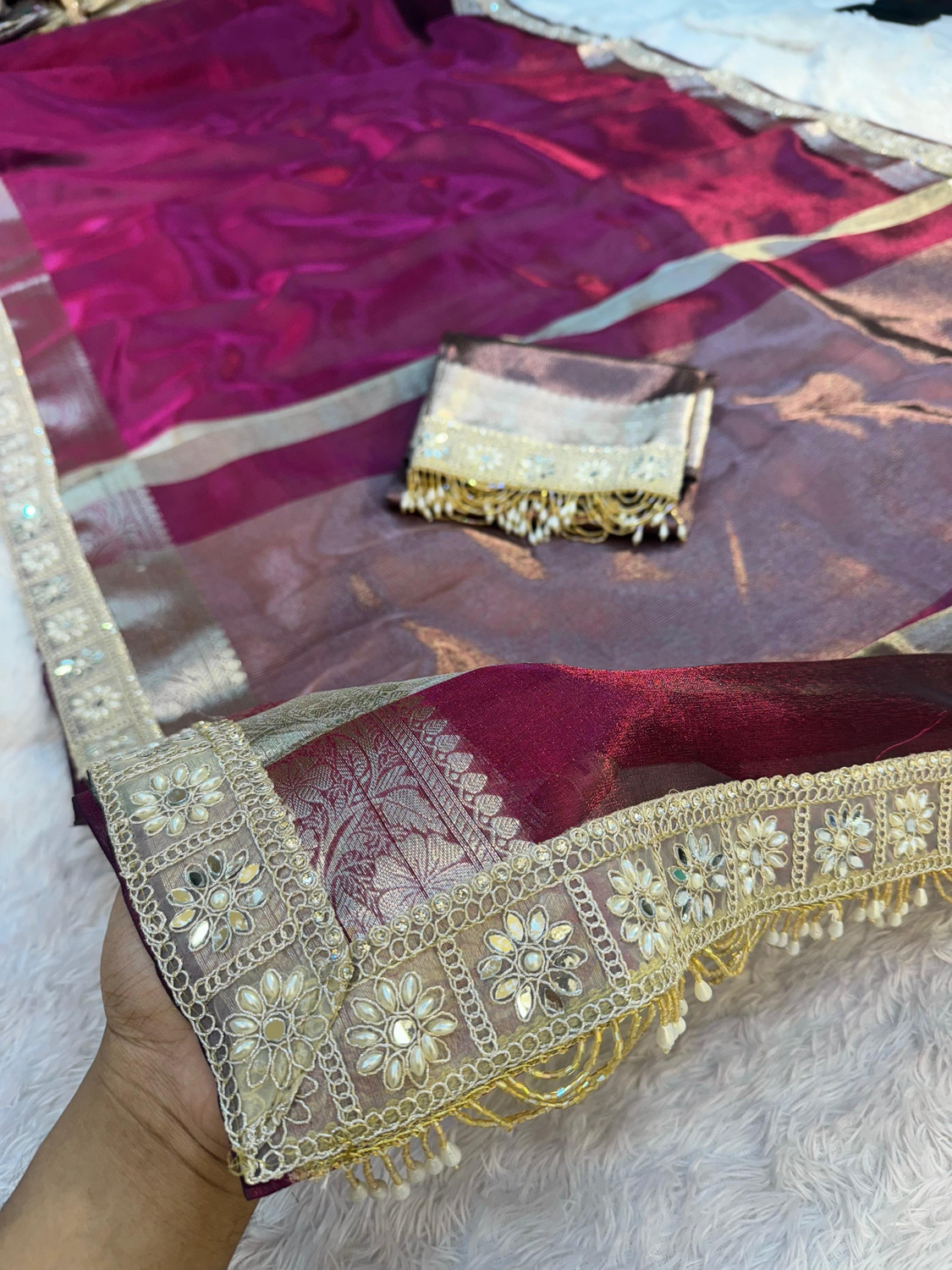 Image of Banaras silk palace Embroidered Bollywood Tissue Saree