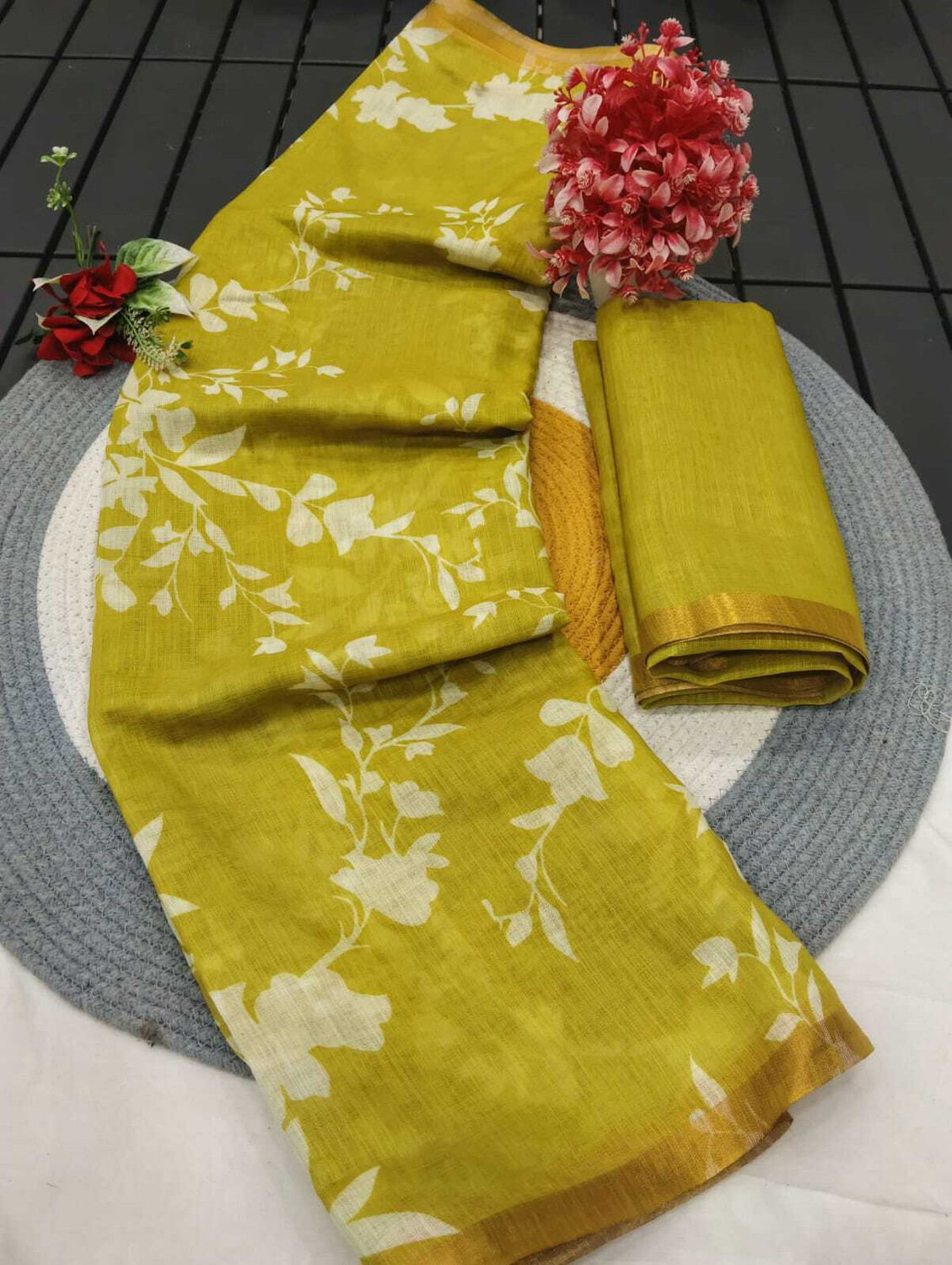 Image of DEVICE of NT Printed, Woven Kanjivaram Pure Cotton, Cotton Linen Saree