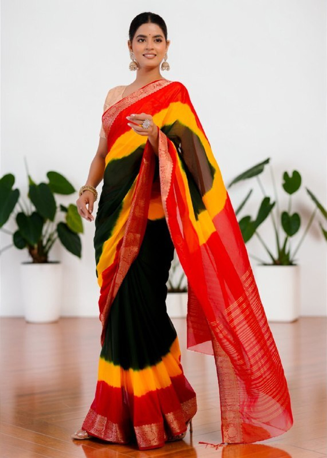 Image of KALYANSAREE Color Block Leheria Art Silk, Nylon Saree
