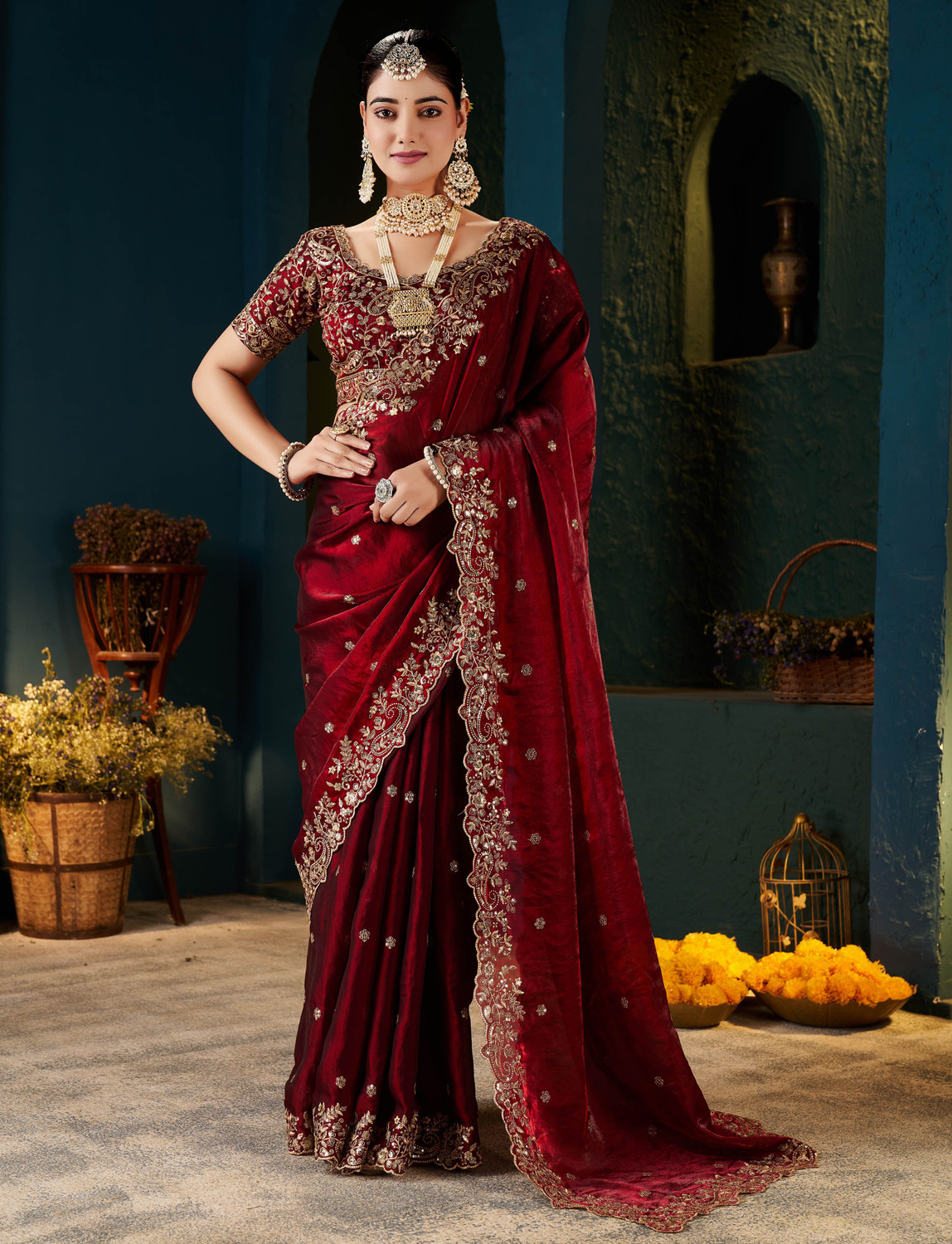 Image of Vivan Fab Embroidered, Embellished Bollywood Jimmy Jimmy, Satin Saree