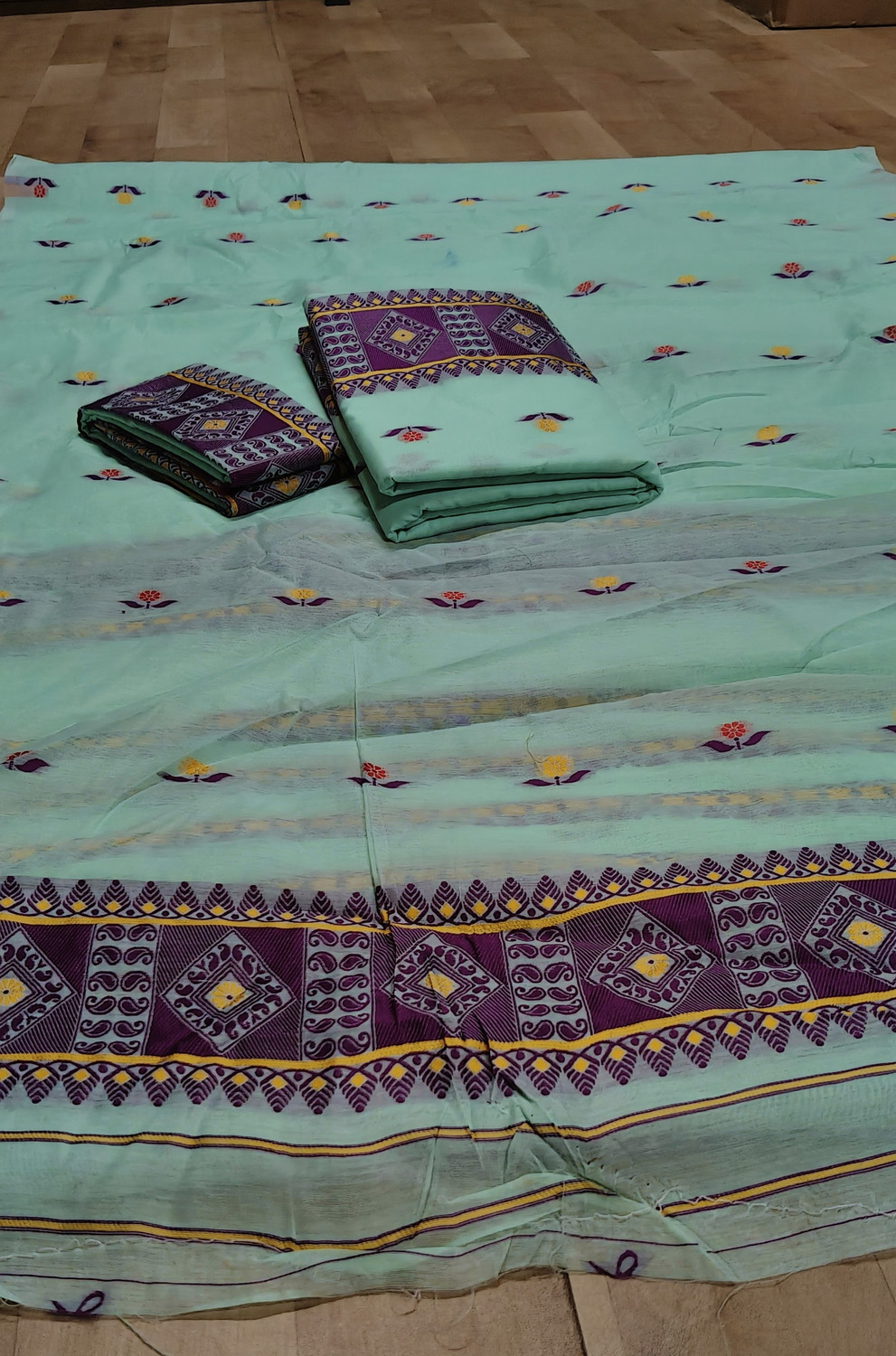 Image of GRUJHA Self Design Mekhela Chador Cotton Blend Saree