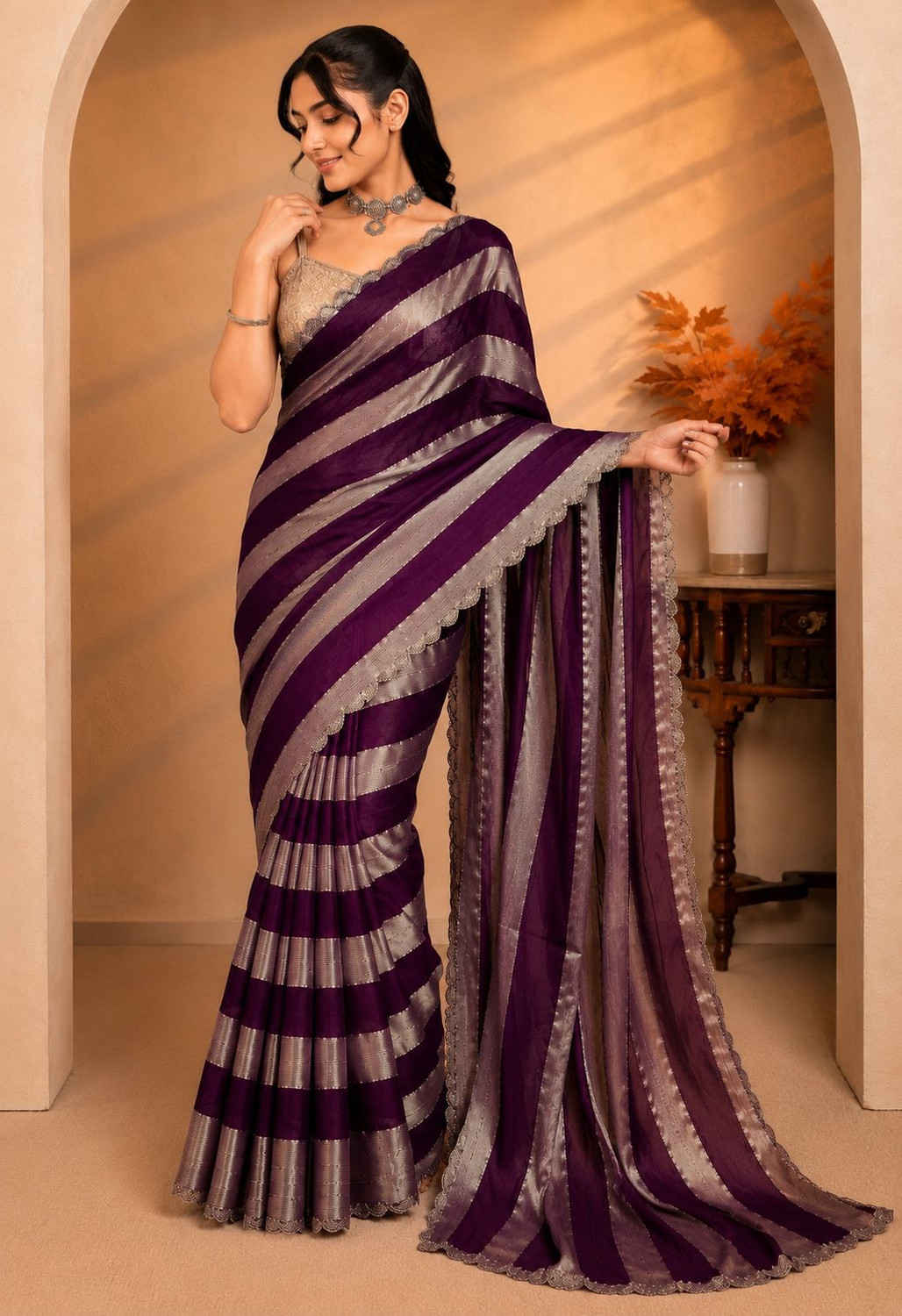 Image of Jay Bajrang Fashion Striped Bollywood Tissue Saree (Purple)