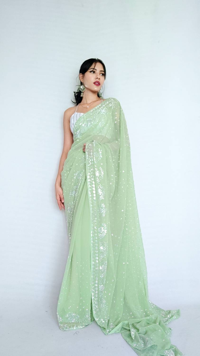 Stylee Couture Embellished Bollywood Georgette Saree (Light Green