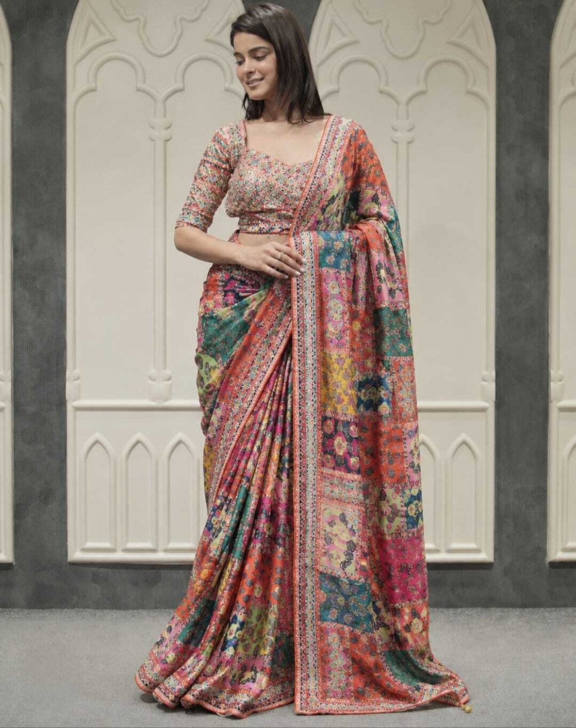 EPONYMOUS Printed, Embellished Bollywood Chiffon Saree