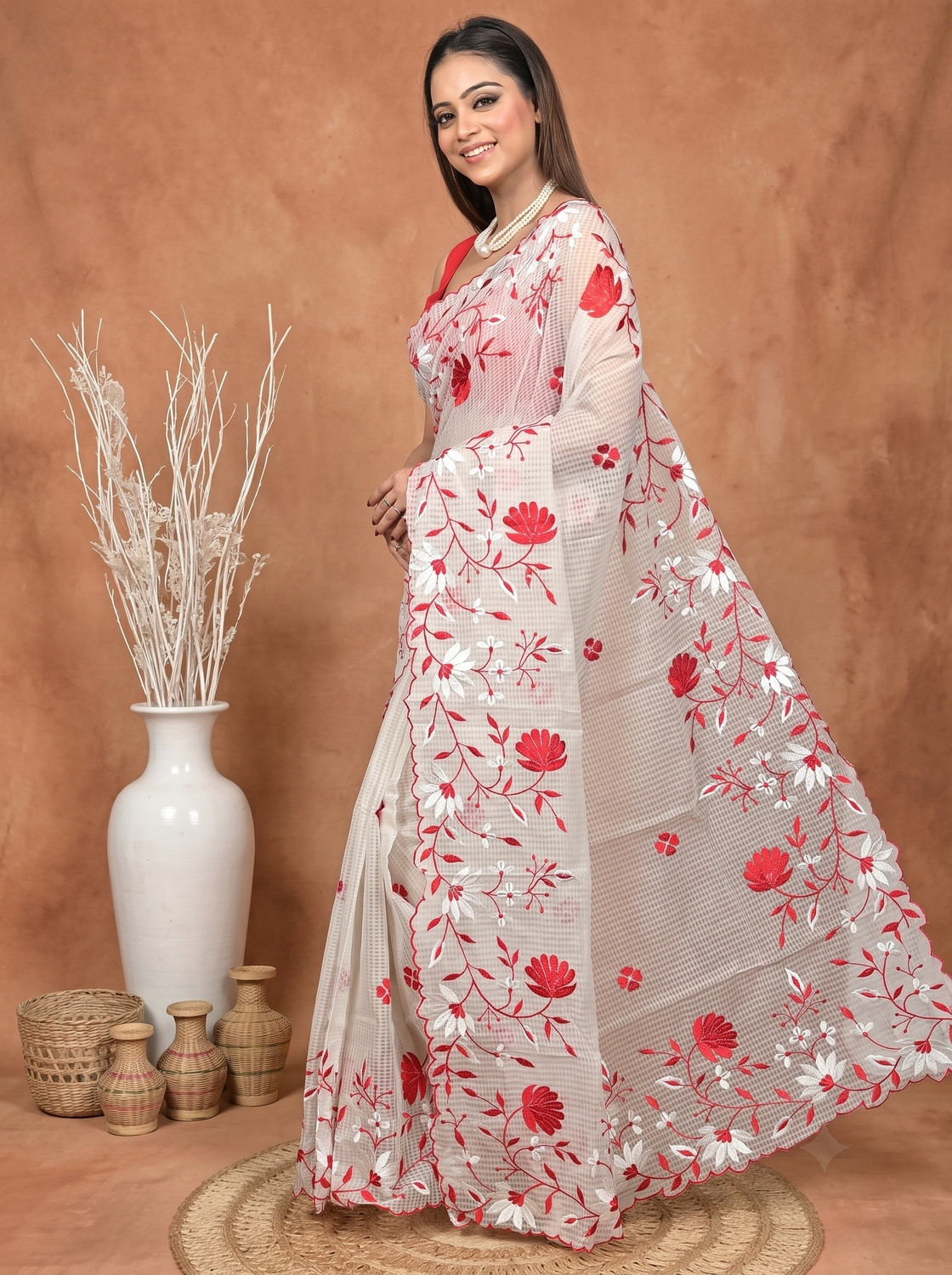 Image of DipDiya Floral Print Kota Doria Pure Cotton Saree (White, Red)