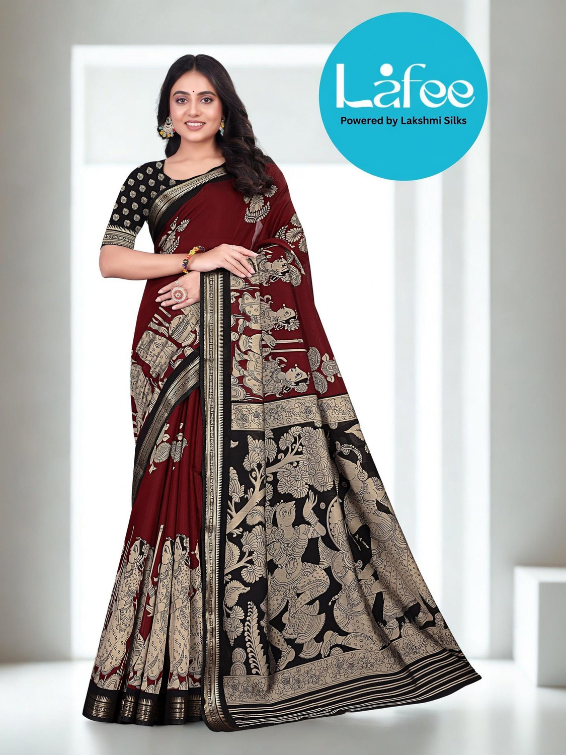 Image of lakshmi silks Printed Kalamkari Cotton Blend Saree