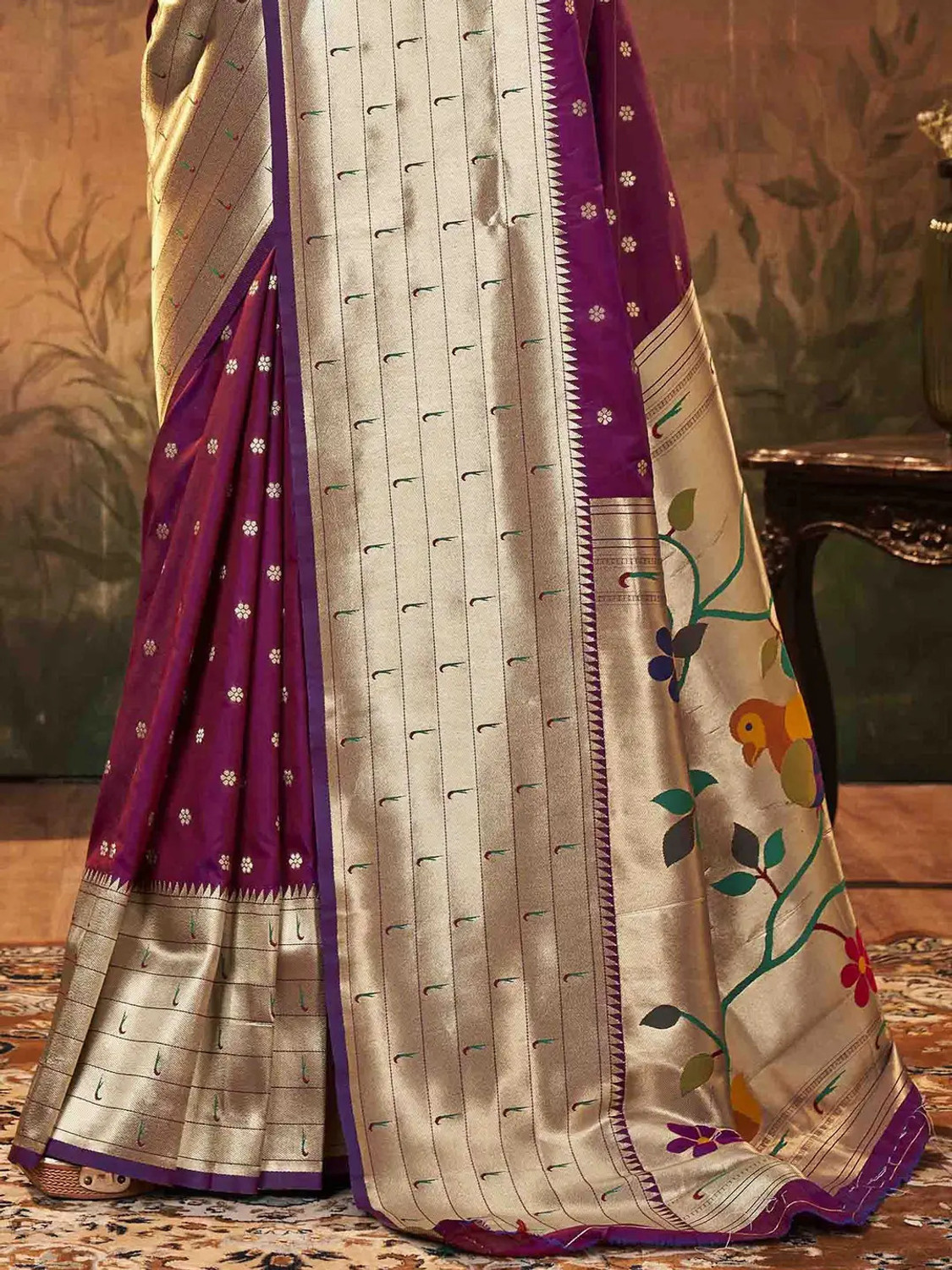 Image of Kalapushpi Woven Paithani Silk Blend, Pure Silk Saree