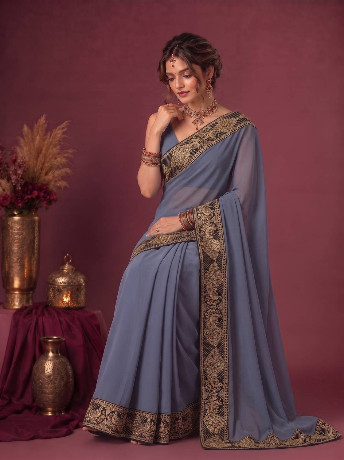 Anugrah Textile Self Design Banarasi Lycra Blend, Chiffon Saree