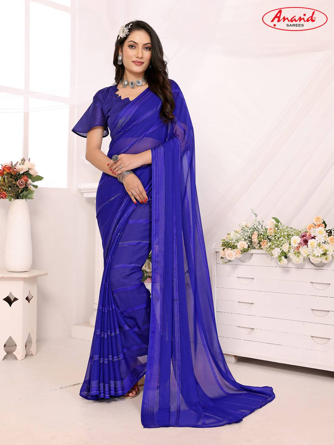 Anand Sarees Striped Bollywood Satin Saree