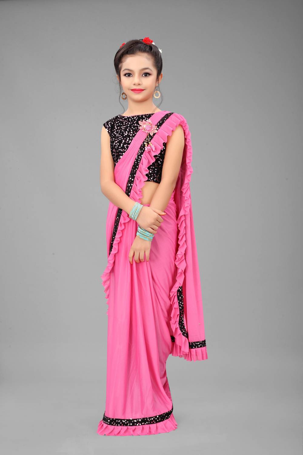 VRAJ TEX FAB Embellished Bollywood Lycra Blend Saree (Pink)