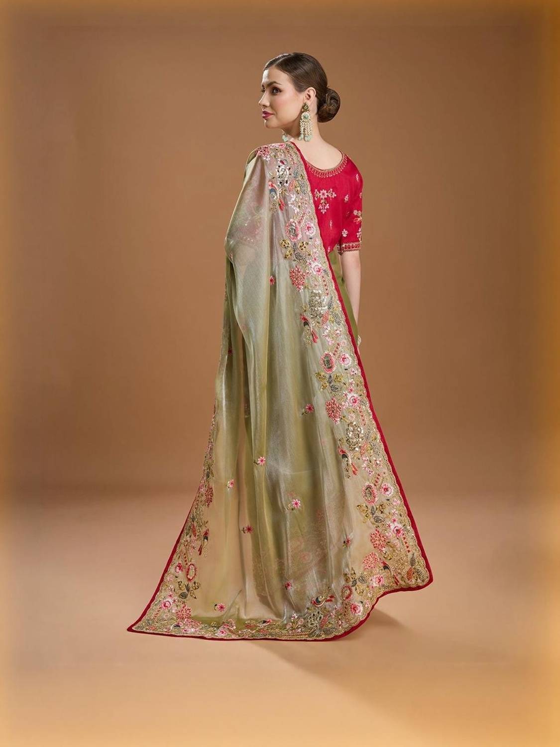 SareezaaStore Embroidered Bollywood Organza Saree Green - Image 2