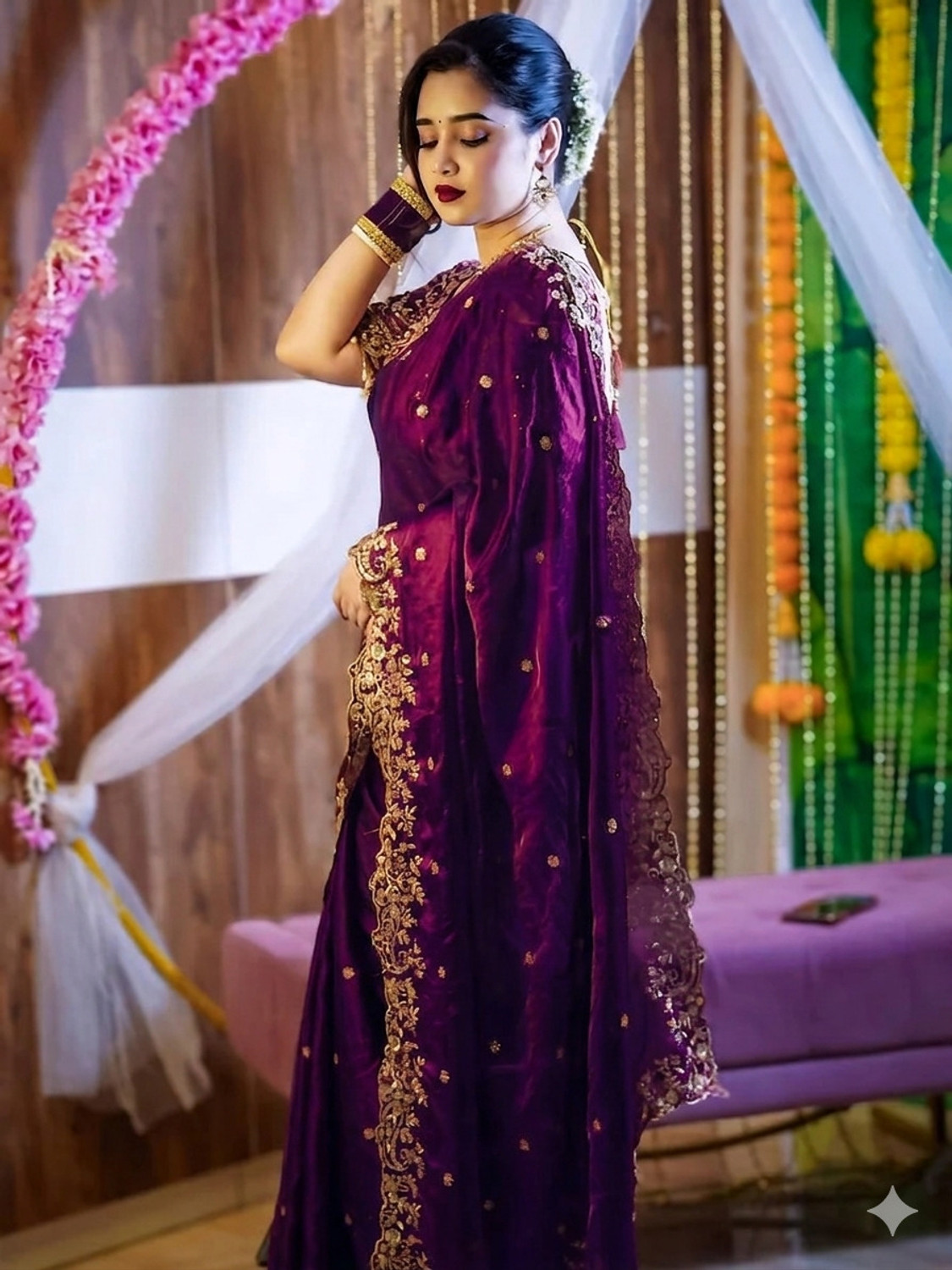 Image of krishna culture Embroidered Bollywood Satin Saree (Multicolor)
