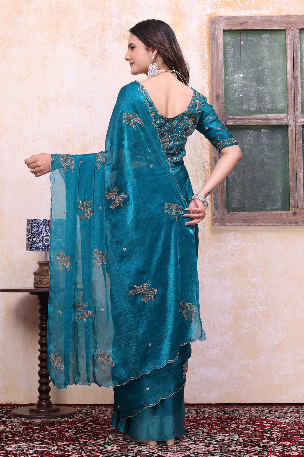 Image of K 5 FASHION Embellished, Floral Print Bollywood Tissue Saree
