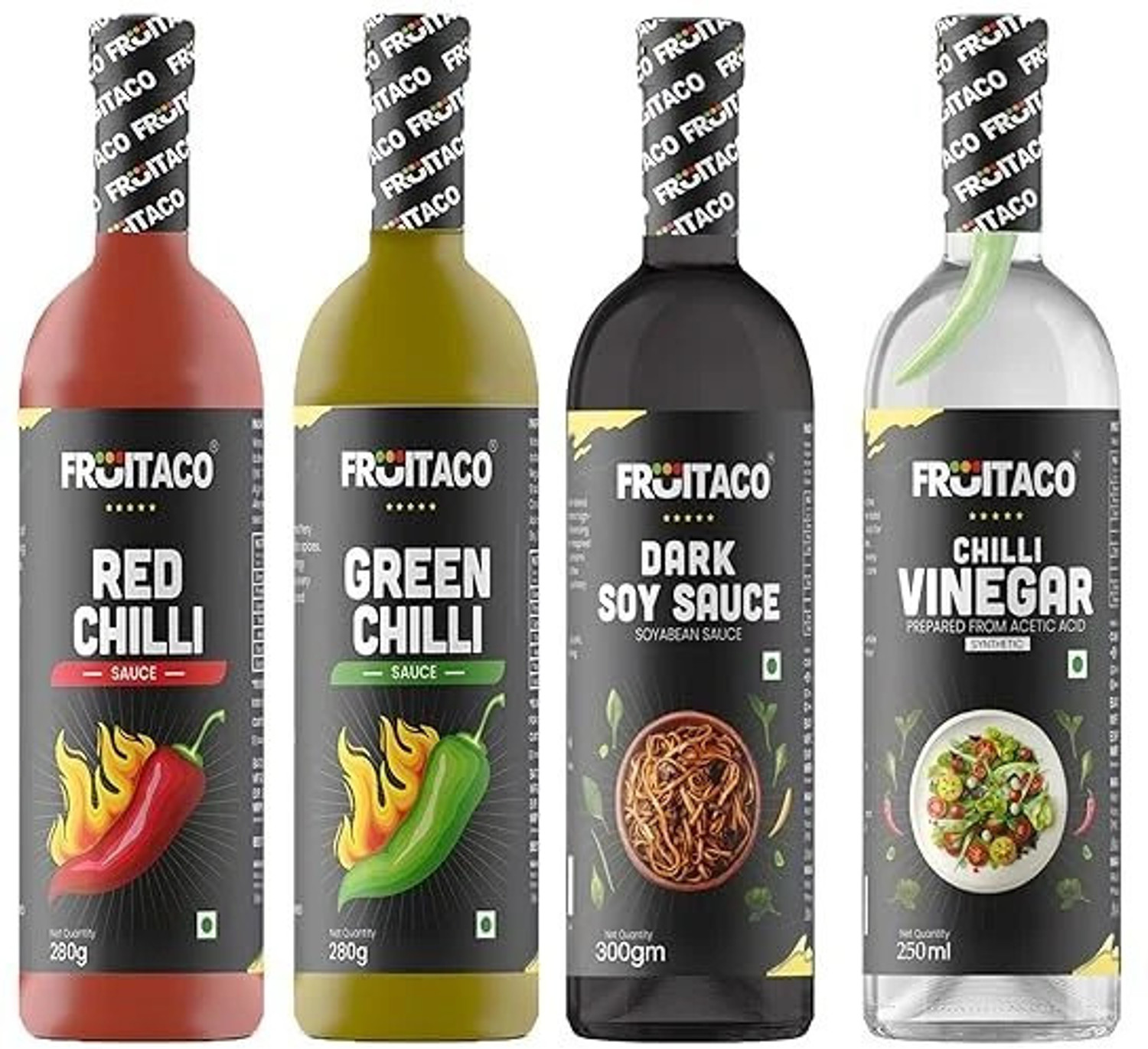 Image of fruitaco Red Chilly 280g, Green Chilly 280g, Soy Sauce 300g, Chilli Vinegar 250ml | Sauce