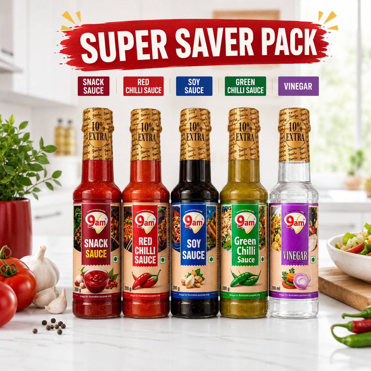 9am Soya Sauce, Green Chilli Sauce, Snack Sauce, Red Chilli Sauce & Vinegar Sauce Sauces & Ketchup