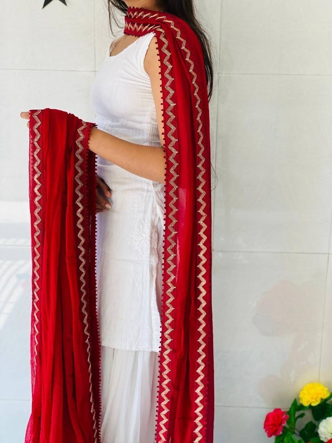DHRUVISH Chiffon Self Design Red Women Dupatta