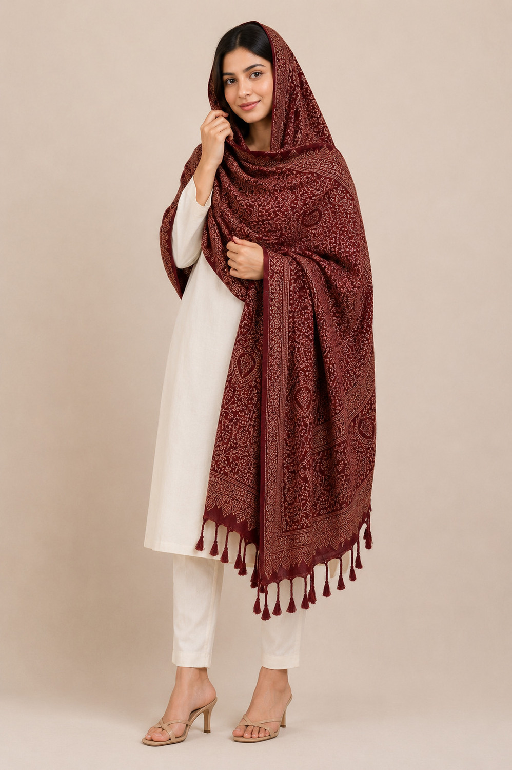 Image of VLOOM Wool Paisley Women Shawl (Maroon)