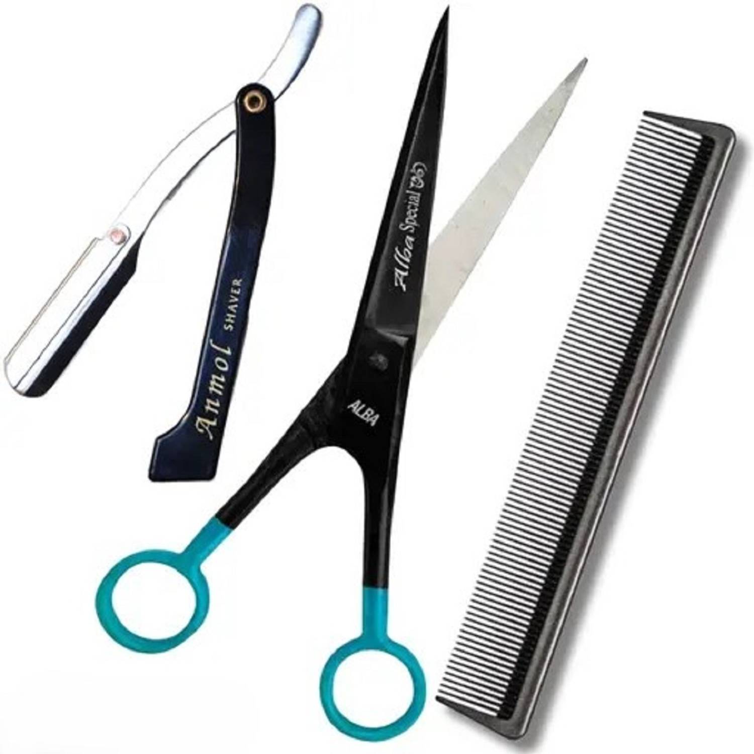 ALBA Textile Salon Barber's Hair Cutting Scissors, Folding Razor & Elegant Comb Scissors