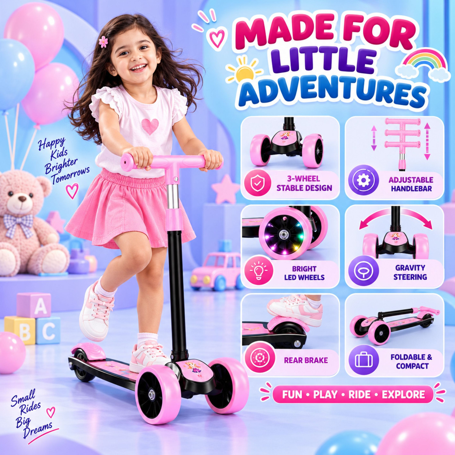 Image of Elyvora Kids 3-Wheel Kick Scooter | Adjustable Height | Foldable BABY Scooter Kids Scooter