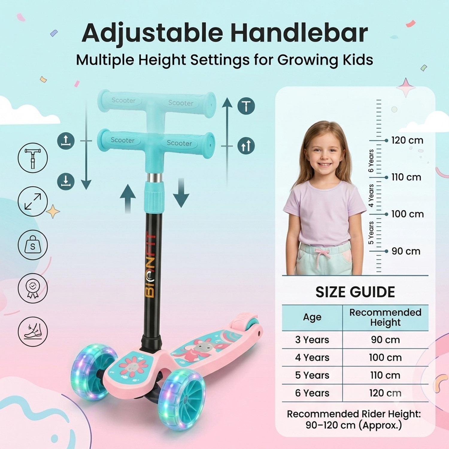 Image of BIONFIT Kids 3 Wheel LED Scooter with Adjustable Handle, Foldable, 50kg Capacity Kids Scooter (Pink, Pack of 1)