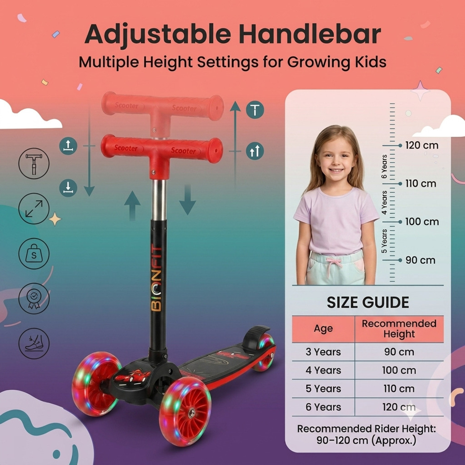 Image of BIONFIT Kids 3 Wheel LED Scooter with Adjustable Handle, Foldable, 50kg Capacity Kids Scooter
