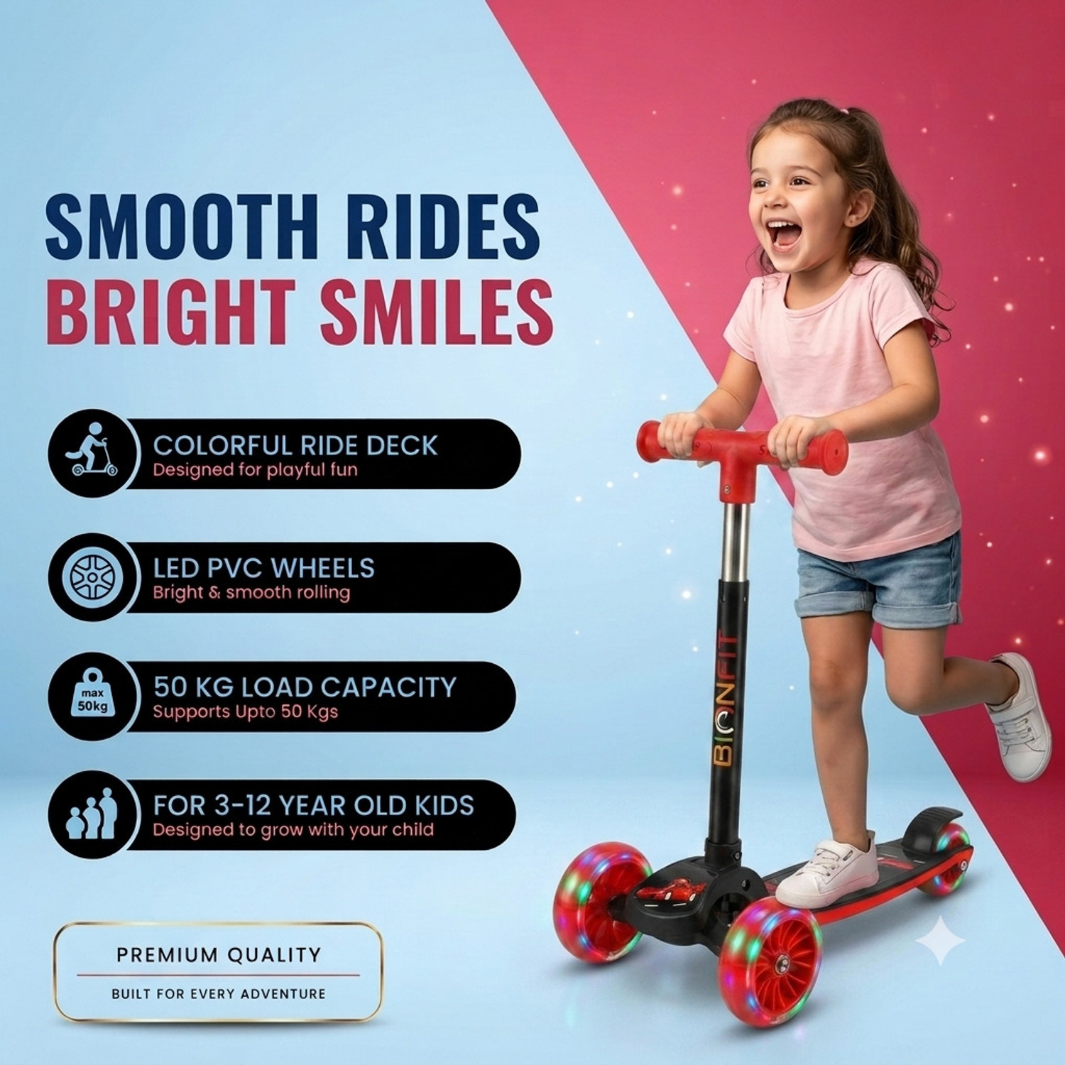 Image of BIONFIT Kids 3 Wheel LED Scooter with Adjustable Handle, Foldable, 50kg Capacity Kids Scooter