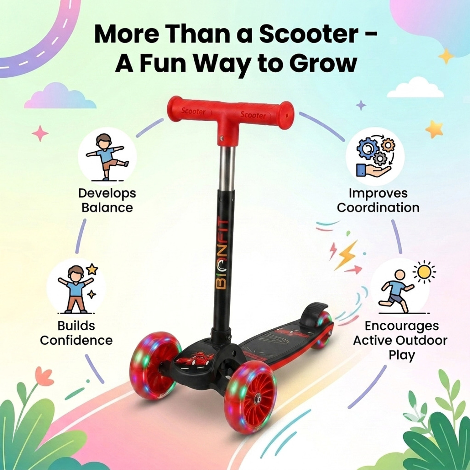 Image of BIONFIT Kids 3 Wheel LED Scooter with Adjustable Handle, Foldable, 50kg Capacity Kids Scooter