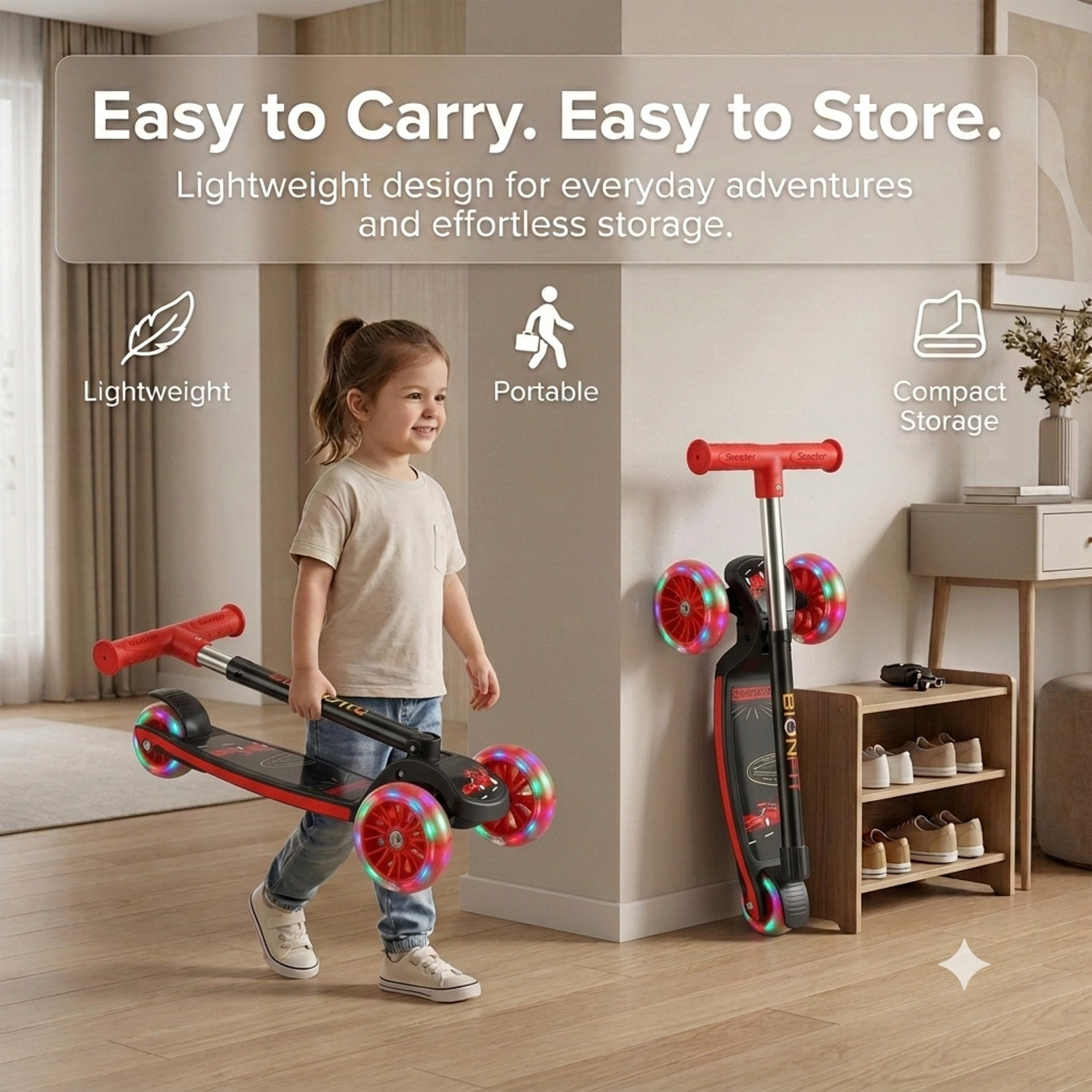 Image of BIONFIT Kids 3 Wheel LED Scooter with Adjustable Handle, Foldable, 50kg Capacity Kids Scooter