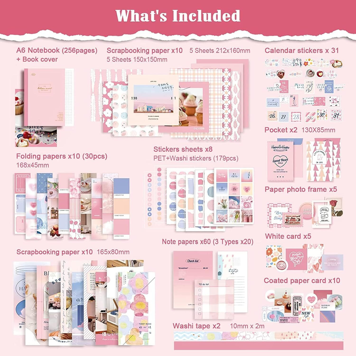 Image of LANLOY 346pcs Aesthetic Journal Supplies Kit, Perfect for Gifting, Pink Ice Ceam Theme, Scrapbook Kit