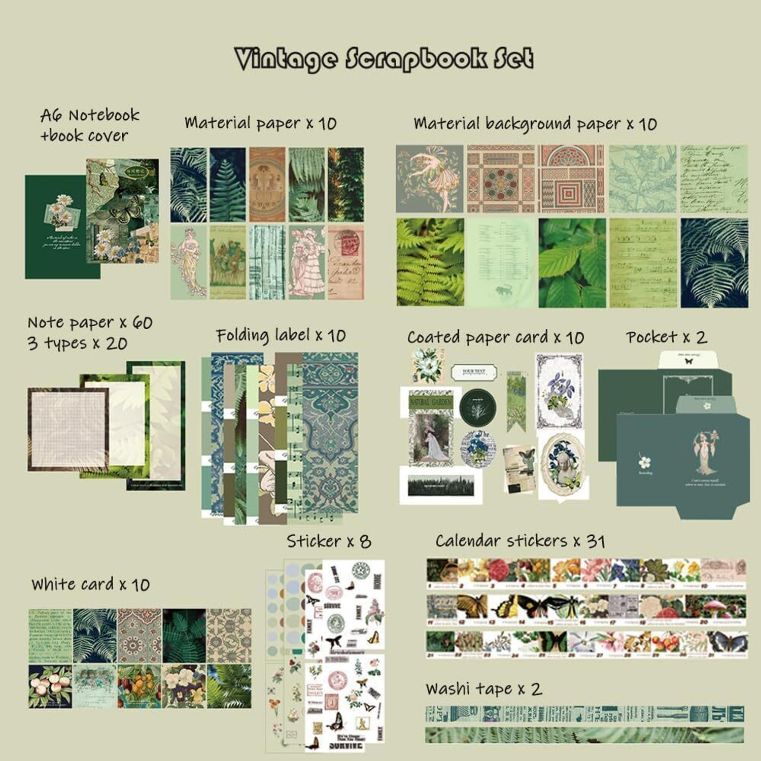 Image of LANLOY 346pcs Aesthetic Journal Supplies Kit, Perfect for Gifting, Green Butterfly Theme, Scrapbook Kit