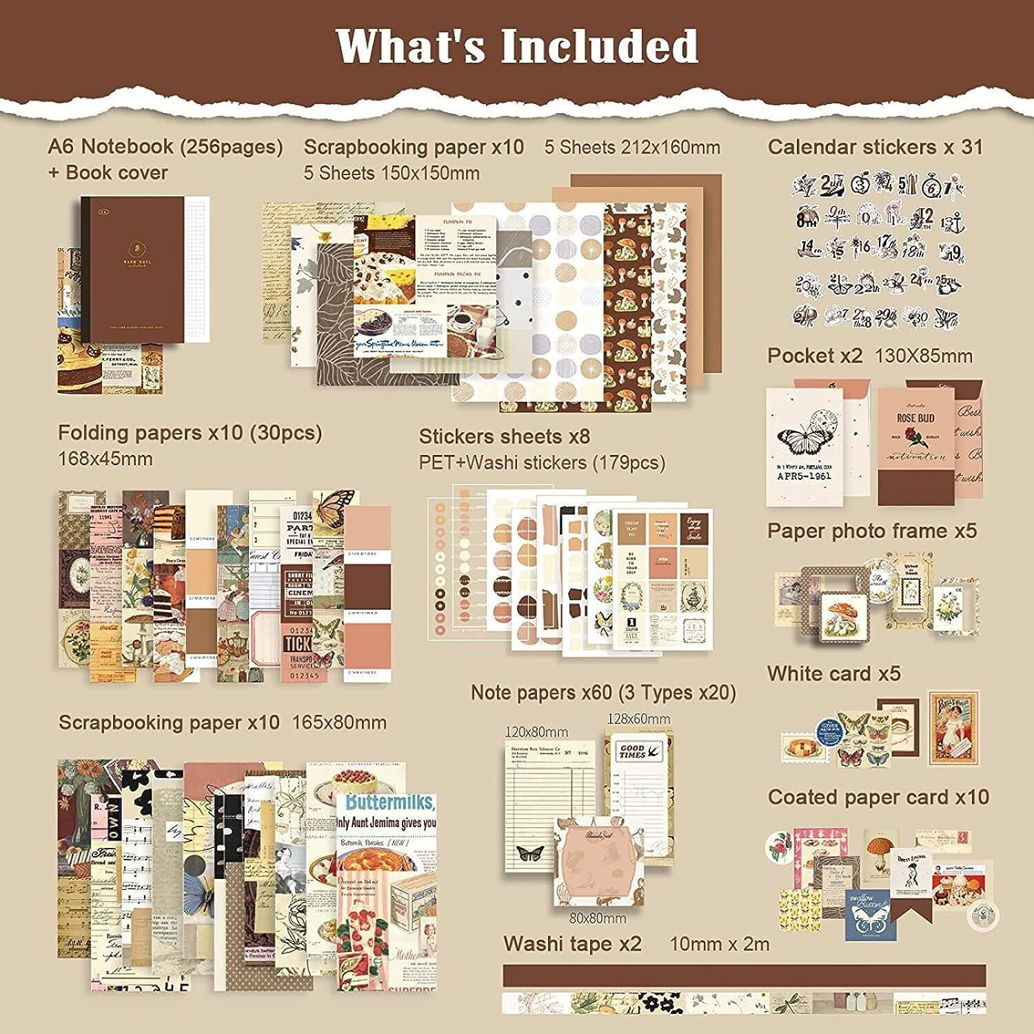 Image of ZORIADA 346pc Vintage Aesthetic Scrapbook Kit with Antique Papers, Stickers, WashiTape. Theme, Scrapbook Kit