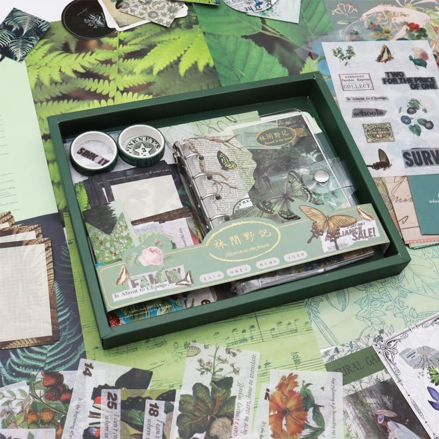 Image of LANLOY 346pcs Aesthetic Journal Supplies Kit, Perfect for Gifting, Green Butterfly Theme, Scrapbook Kit