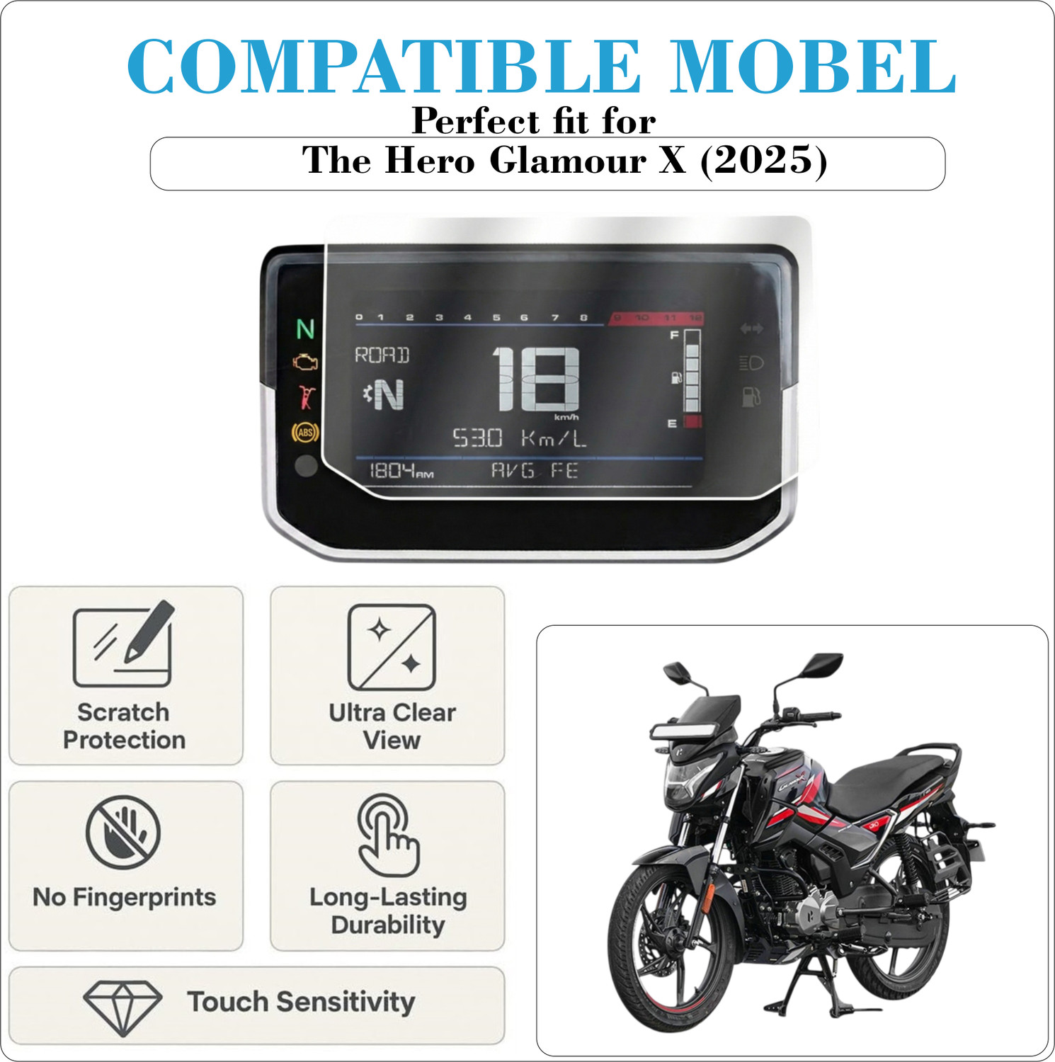 Image of Mobeezy Back Screen Guard for The Hero Glamour X (2025) TFT Digital Metal | Anti Bubble Bike Crash Guard (HERO)