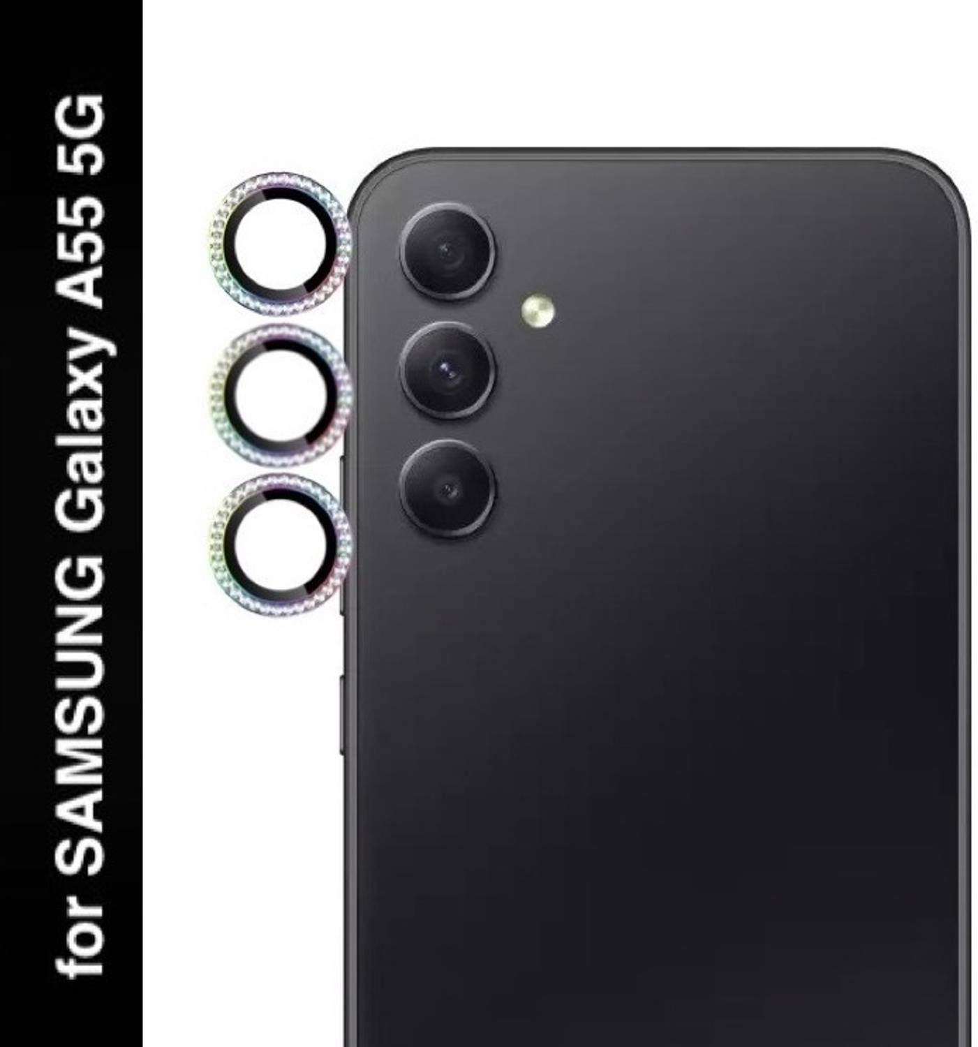 A3sprime Camera Lens Protector for SAMSUNG Galaxy A55 5G, |Full Coverage 9H Surface Hardness Bling Diamond Shaped Tempered Glass Ring Guard Camera Protector|, (Color - Rainbow)