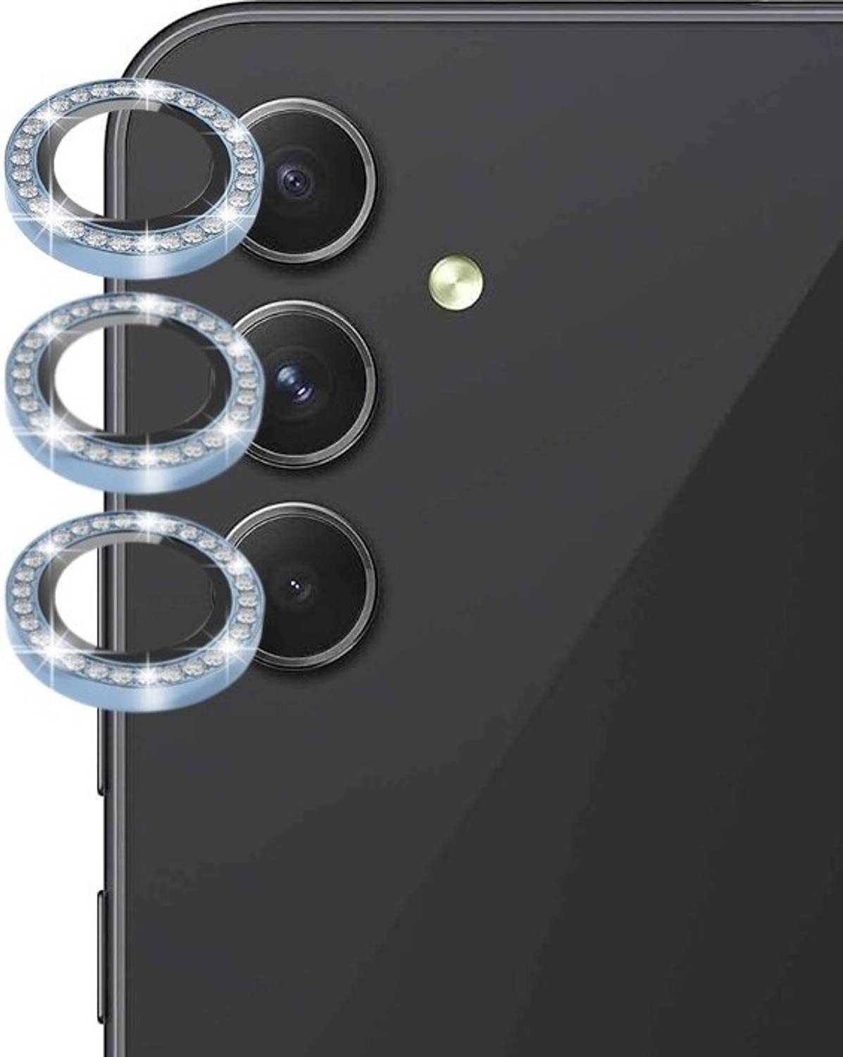 A3sprime Camera Lens Protector for SAMSUNG Galaxy A34 5G, Galaxy A54 5G, Galaxy A15 5G, Galaxy F15 5G, Galaxy A14 5G, |Full Coverage 9H Surface Hardness Bling Diamond Shaped Tempered Glass with Metal Ring Guard Camera Protector|, Color - Blue