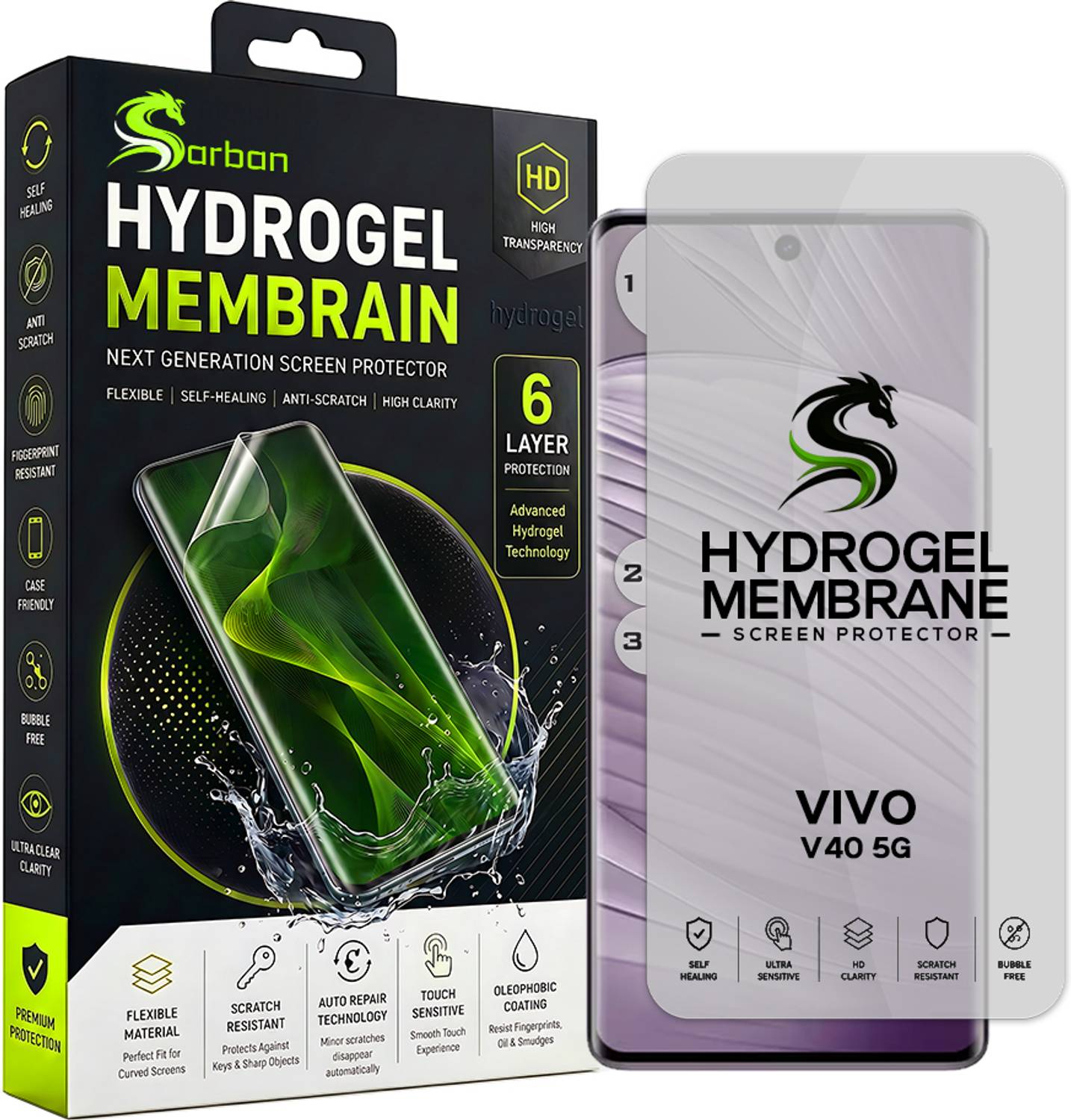 ARBAN Edge To Edge Screen Guard for VIVO V40 Unbreakable Hydrogel Screen Protector (Not Tempered Glass) | Flexible TPU Film | Edge to Edge | Bubble Free | HD Clear | Fingerprint Compatible | Case friendly