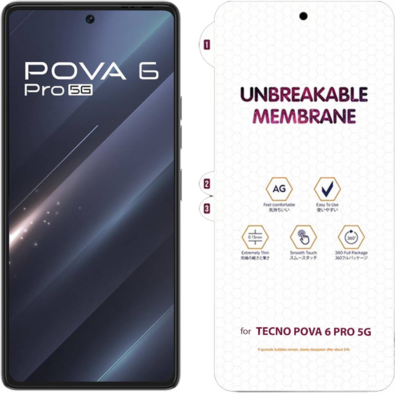 Aurochs Edge To Edge Screen Guard for TECNO POVA 6 PRO 5G UNBREAKABLE MATTE FRONT MEMBRANE HYDROGEL FILM | CASE FRIENDLY FULL FIT SKIN FOR FRONT PROTECTION. (PACK OF 1)